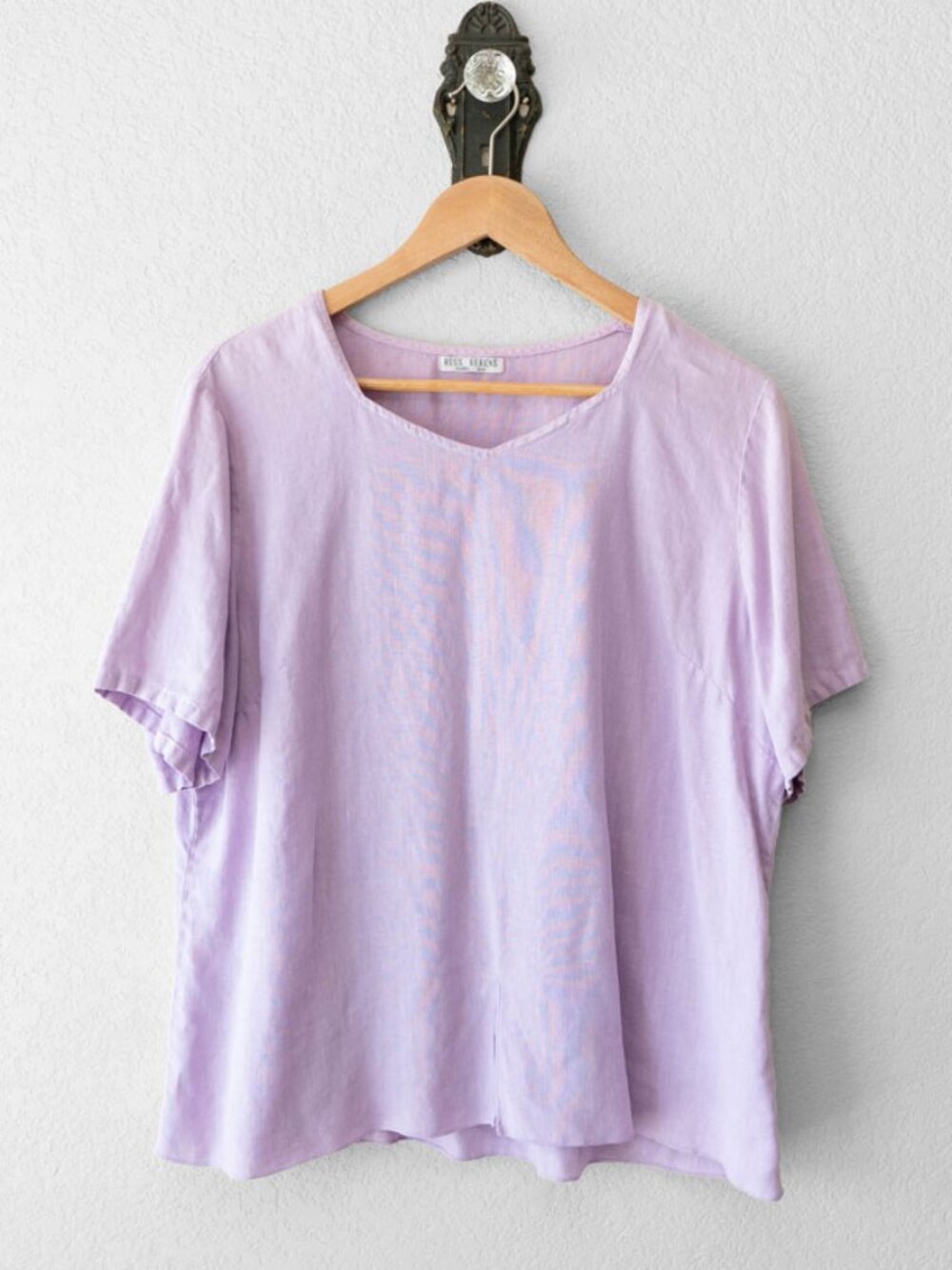 Russ Berens Lilac 100% Linen Top Women's Large Made USA Short Sleeve Notch Hem